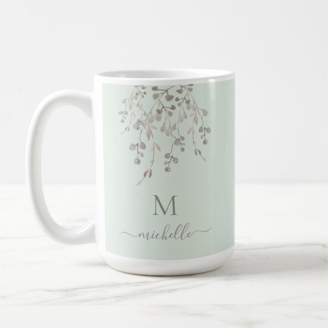 Caneca De Café Personalized Botanical Watercolor Monogram Sage (Esquerda)