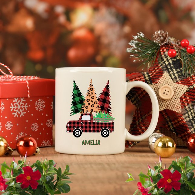 Caneca De Café Personalized Buffalo Plaid Truck  (Criador carregado)