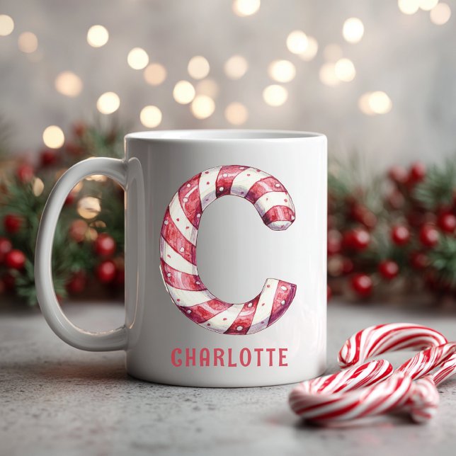 Caneca De Café Personalized Candy Cane Monogram Christmas C (Personalized Candy Cane Monogram Christmas C Coffee Mug)