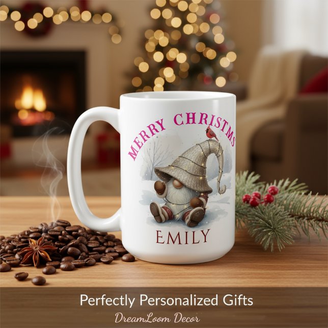 Caneca De Café Personalized Christmas Gnome Watercolor (Criador carregado)