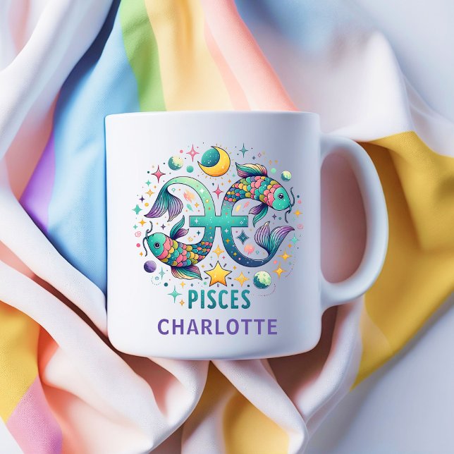 Caneca De Café Personalized Colorful Pisces Zodiac Fish Astrology (Personalized Colorful Pisces Zodiac Fish Astrology Coffee Mug)
