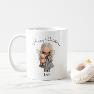 Caneca De Café Personalized Cute Christmas Fairy Girl and Teddy  
