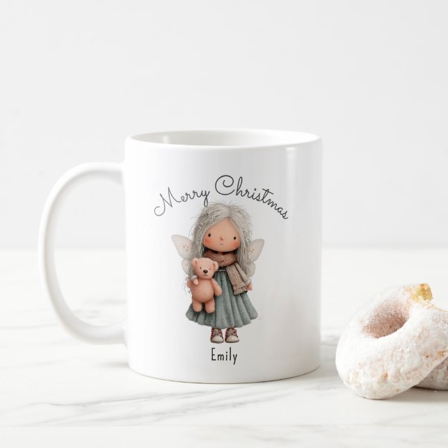 Caneca De Café Personalized Cute Christmas Fairy Girl and Teddy   (Com Donut)