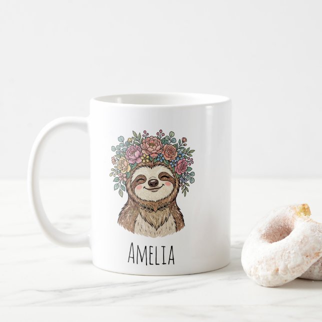 Caneca De Café Personalized Cute Floral Sloth with Flower Crown   (Com Donut)