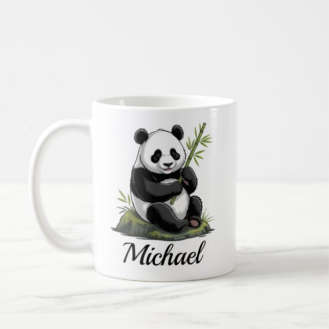 Caneca De Café Personalized Cute Panda Bear With Greenery Bamboo (Esquerda)