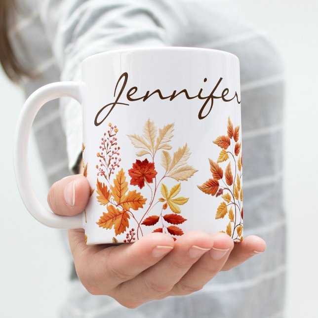 Caneca De Café Personalized Elegant Fall Floral Embroidered (Criador carregado)
