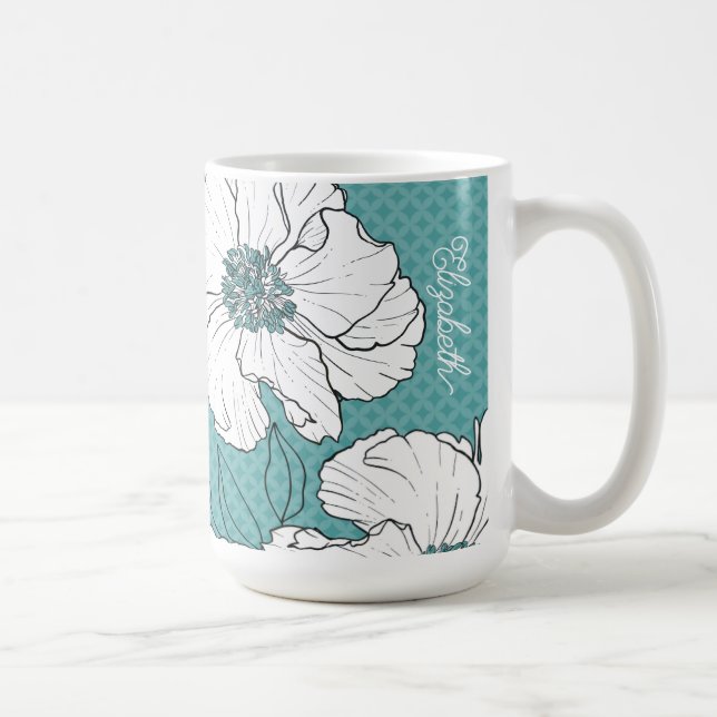 Caneca De Café Personalized Elegant White Florals on Teal (Direita)