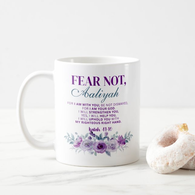 Caneca De Café Personalized Fear Not Isaiah 41:10 Purple Floral (Com Donut)