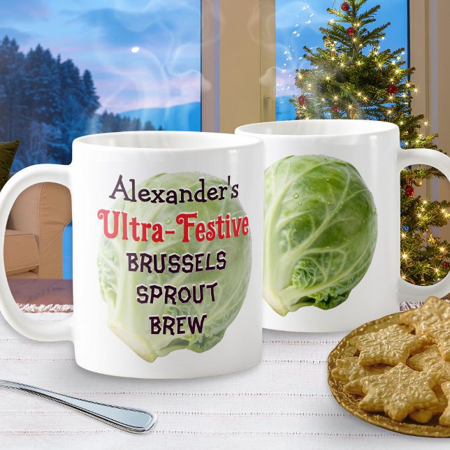 Caneca De Café Personalized Festive Brussels Sprout Brew Funny (A funny and festive personalized Christmas mug, with brussels sprout pictures and humorous caption)