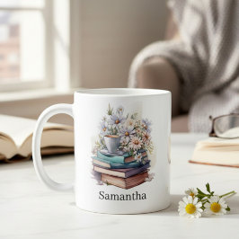 Caneca De Café Personalized Floral Stacked Books