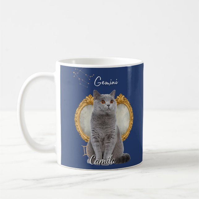 Caneca De Café Personalized Gemini Cat Mug with Name (Esquerda)