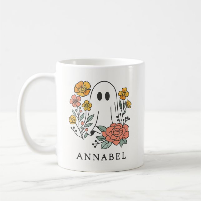 Caneca De Café Personalized Ghost Floral Mug – Cute Halloween (Esquerda)