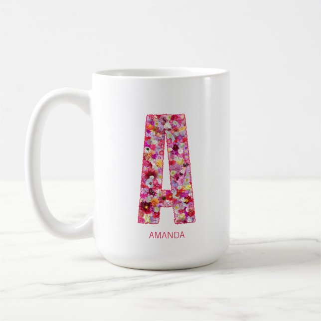 Caneca De Café Personalized Initial | Floral Letter A Monogram (Esquerda)
