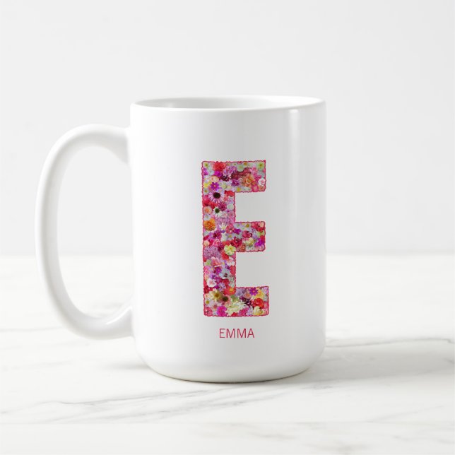Caneca De Café Personalized Initial | Floral Letter E Monogram  (Esquerda)