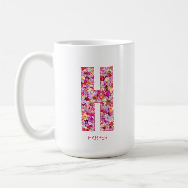Caneca De Café Personalized Initial | Floral Letter H Monogram  (Esquerda)