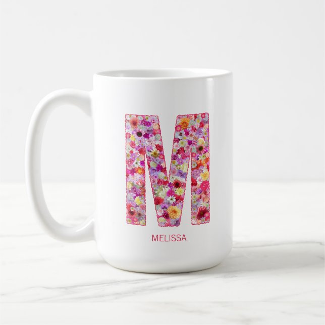 Caneca De Café Personalized Initial | Floral Letter M Monogram  (Esquerda)