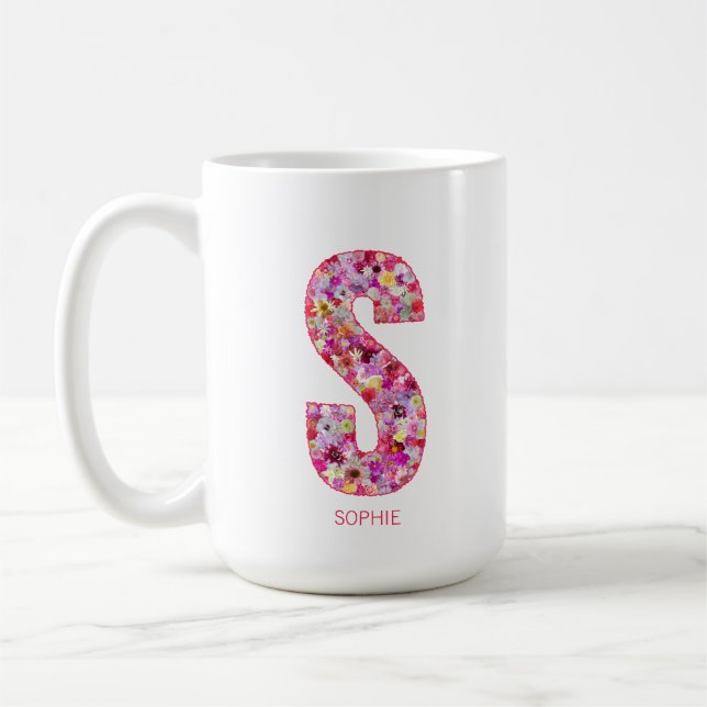 Caneca De Café Personalized Initial | Floral Letter S Monogram  (Esquerda)