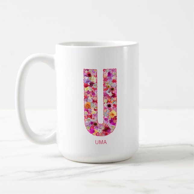 Caneca De Café Personalized Initial | Floral Letter U Monogram  (Esquerda)