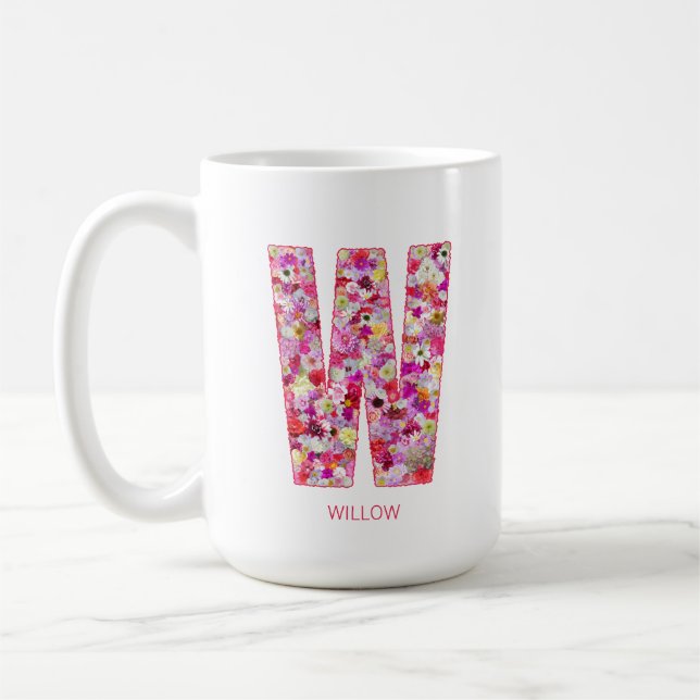 Caneca De Café Personalized Initial | Floral Letter W Monogram  (Esquerda)