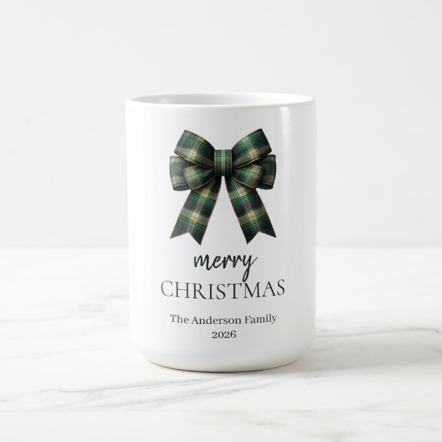 Caneca De Café Personalized Merry Christmas | Green Plaid Bow (Centro)