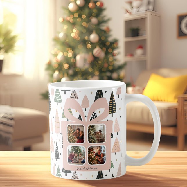 Caneca De Café Personalized Modern Pink Christmas Gift Box Photo (Criador carregado)