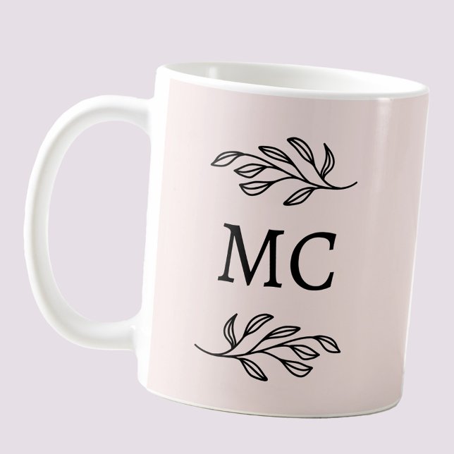 Caneca De Café Personalized Monogram Initials Botanical Blush (Modern personalized monogram initials botanical leaf line art coffee mug)