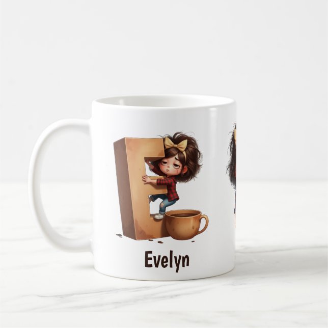 Caneca De Café Personalized Name & E Sleepy Morning Plaid Charact (Esquerda)