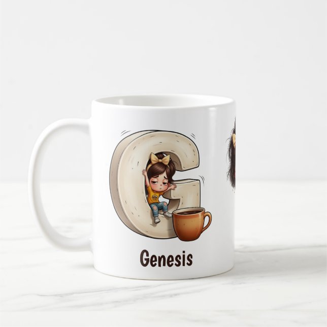 Caneca De Café Personalized Name & G Sleepy Morning Plaid Charact (Esquerda)