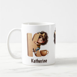 Caneca De Café Personalized Name & K Sleepy Morning Plaid Charact