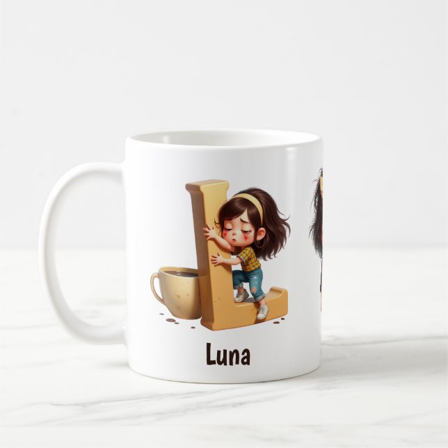 Caneca De Café Personalized Name & L Sleepy Morning Plaid Charact (Esquerda)