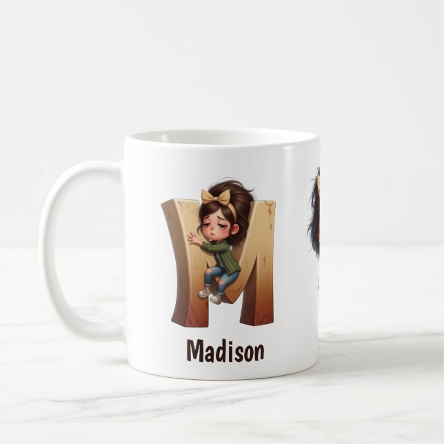 Caneca De Café Personalized Name & M Sleepy Morning Plaid Charact (Esquerda)