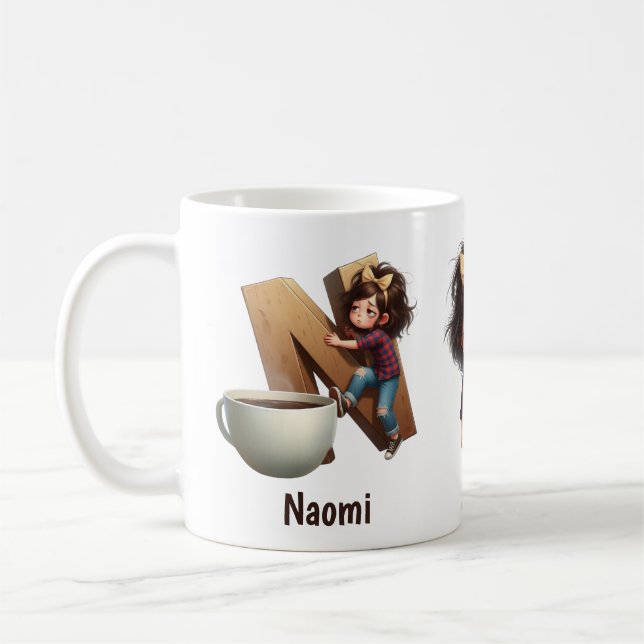 Caneca De Café Personalized Name & N Sleepy Morning Plaid Charact (Esquerda)