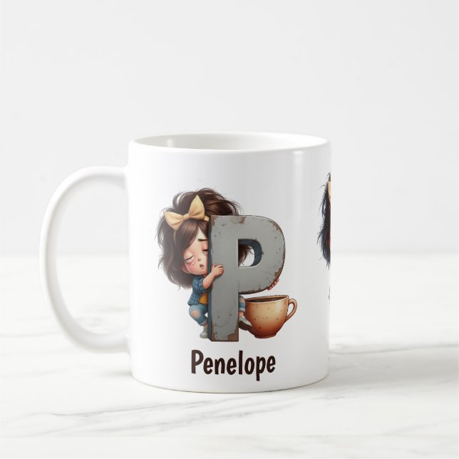 Caneca De Café Personalized Name & P Sleepy Morning Plaid Charact (Esquerda)