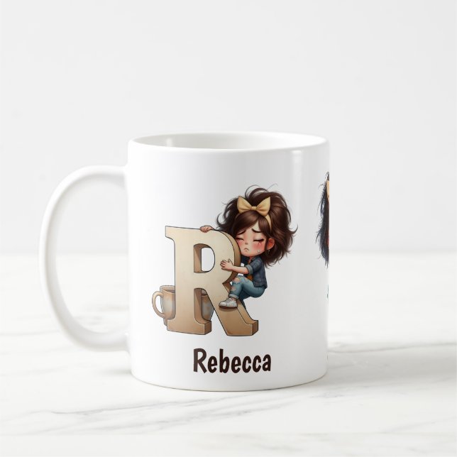 Caneca De Café Personalized Name & R Sleepy Morning Plaid Charact (Esquerda)