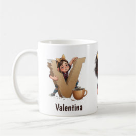 Caneca De Café Personalized Name & V Sleepy Morning Plaid Charact