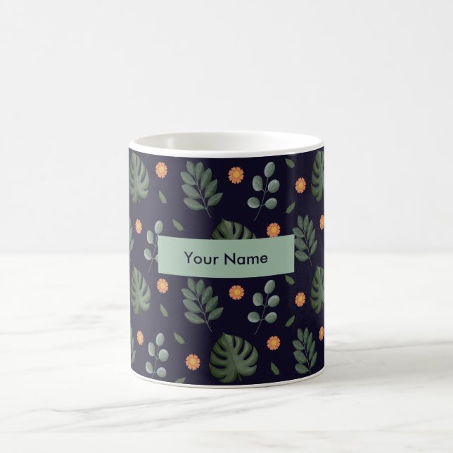 Caneca De Café Personalized Navy Blue Botanical Floral Mug (Centro)