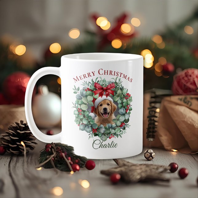 Caneca De Café Personalized Pet Christmas Mug with Wreath & Name (Criador carregado)