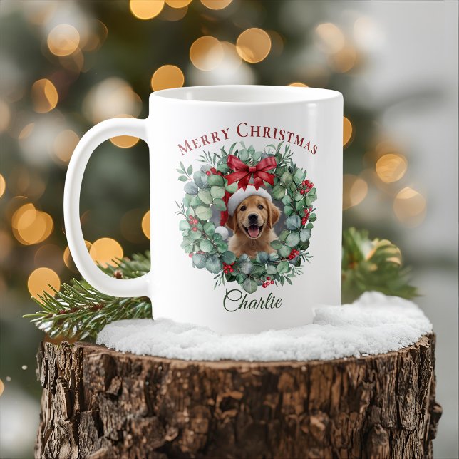 Caneca De Café Personalized Pet Christmas Mug with Wreath & Name (Criador carregado)
