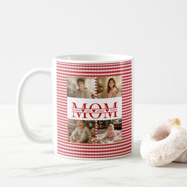 Caneca De Café Personalized Photo Collage Mom Heart & Kids Name (Com Donut)