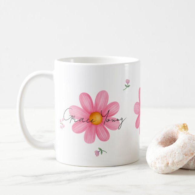 Caneca De Café Personalized Pink Daisy Floral Name Custom Design (Com Donut)