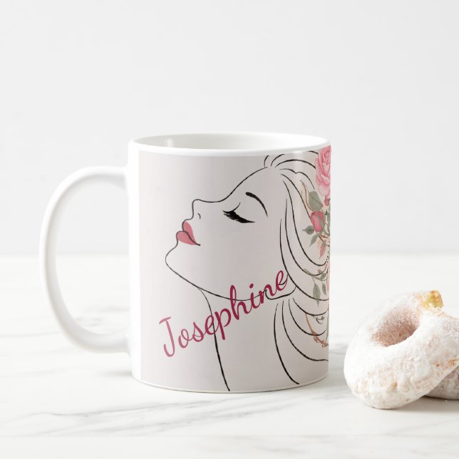 Caneca De Café Personalized Pink Rose Floral Hair Woman Elegant  (Com Donut)