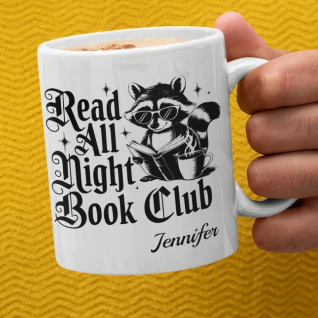 Caneca De Café Personalized Read All Night Bookworm (White read all night book club mug with racoon)
