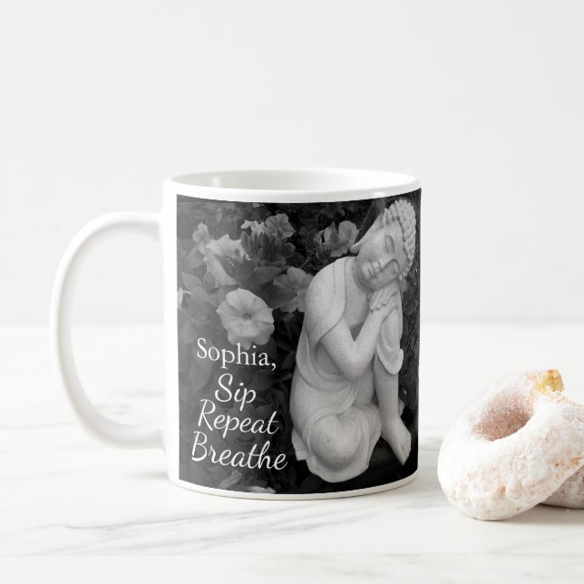 Caneca De Café Personalized Sip Breathe Buddha Zen Black White (Com Donut)