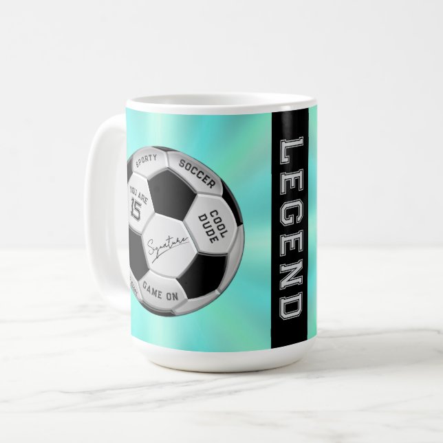Caneca De Café Personalized Soccer Ball Birthday  | Age Name Text (Frente Esquerda)