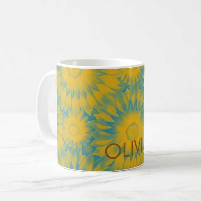 Caneca De Café Personalized Vibrant Sunflower Tie-Dye Art (Frente Esquerda)