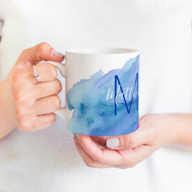 Caneca De Café Personalized Watercolor Blue Turquoise Monogram (Criador carregado)