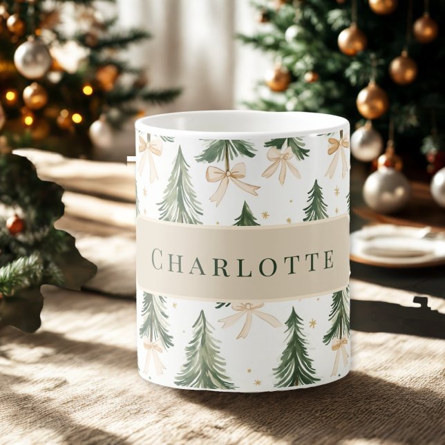 Caneca De Café Personalized Watercolor Christmas Tree Name Mug (Criador carregado)