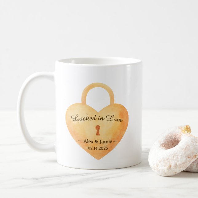 Caneca De Café Personalized Watercolor Lock & Key Love Design (Com Donut)