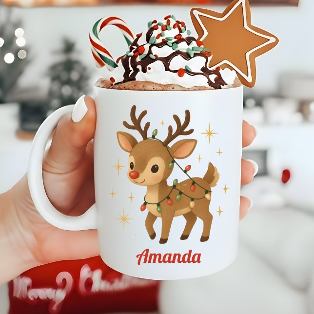 Caneca De Café Personalized Whimsical Reindeer Christmas Mug (Criador carregado)