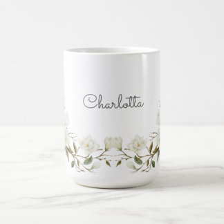 Caneca De Café Personalized White Floral Mug, Elegant Custom Name